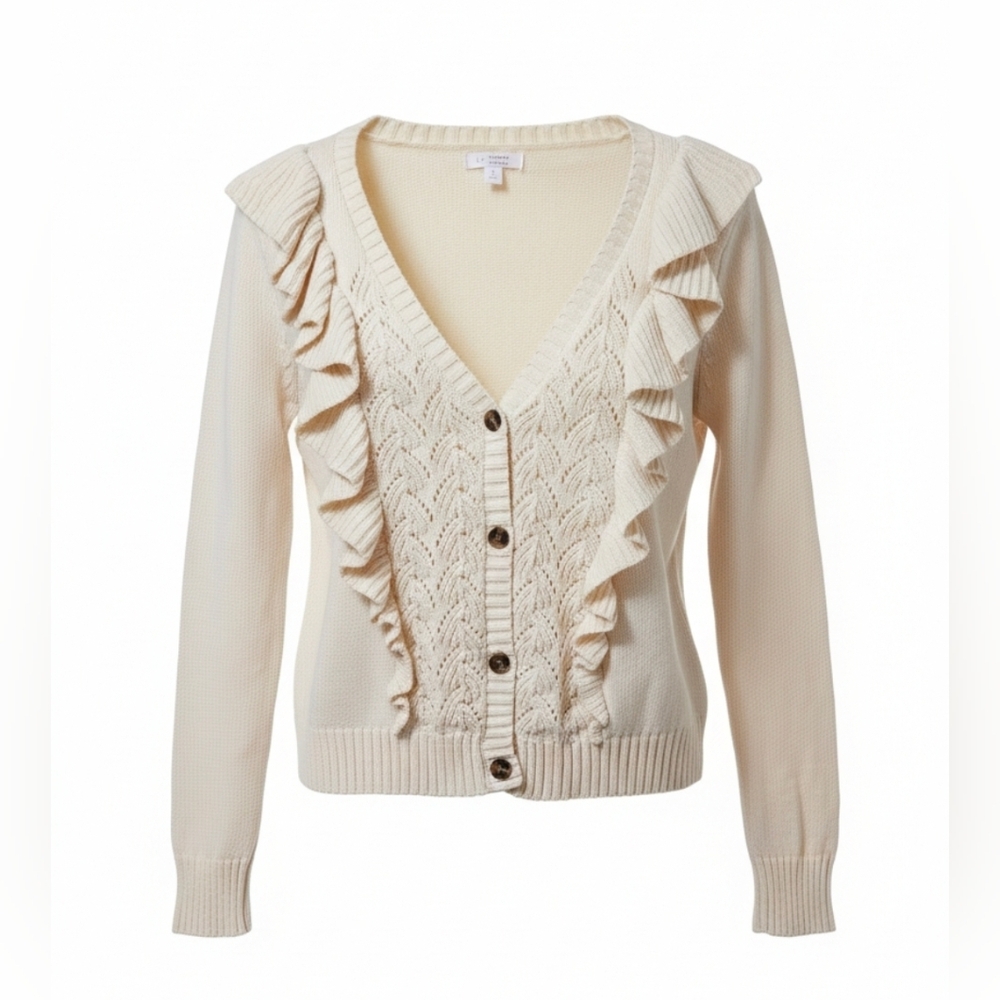 LC Lauren Conrad Ruffle Pointelle Cardigan Ivory Cream V-Neck Knit Sweater Small